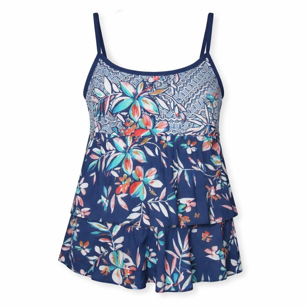 MAXINE OF HOLLYWOOD Tankini Blue Floral Tiered Swim Top Size 14
